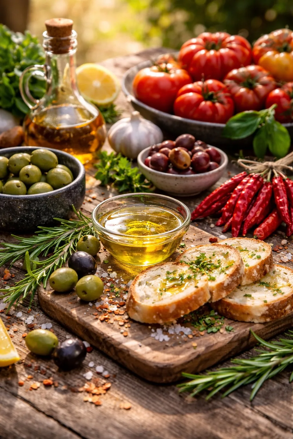Mediterrane Tischszene mit Brot, Kräutern und Oliven