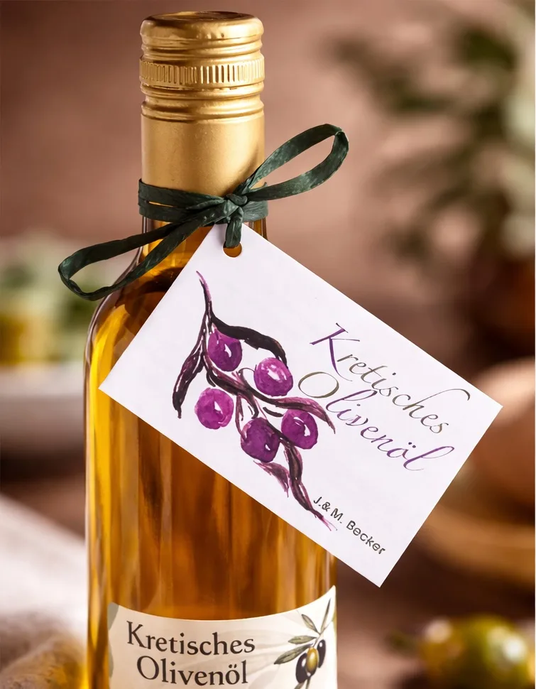 Flaschendetails mit Etikett und Olivenzweig