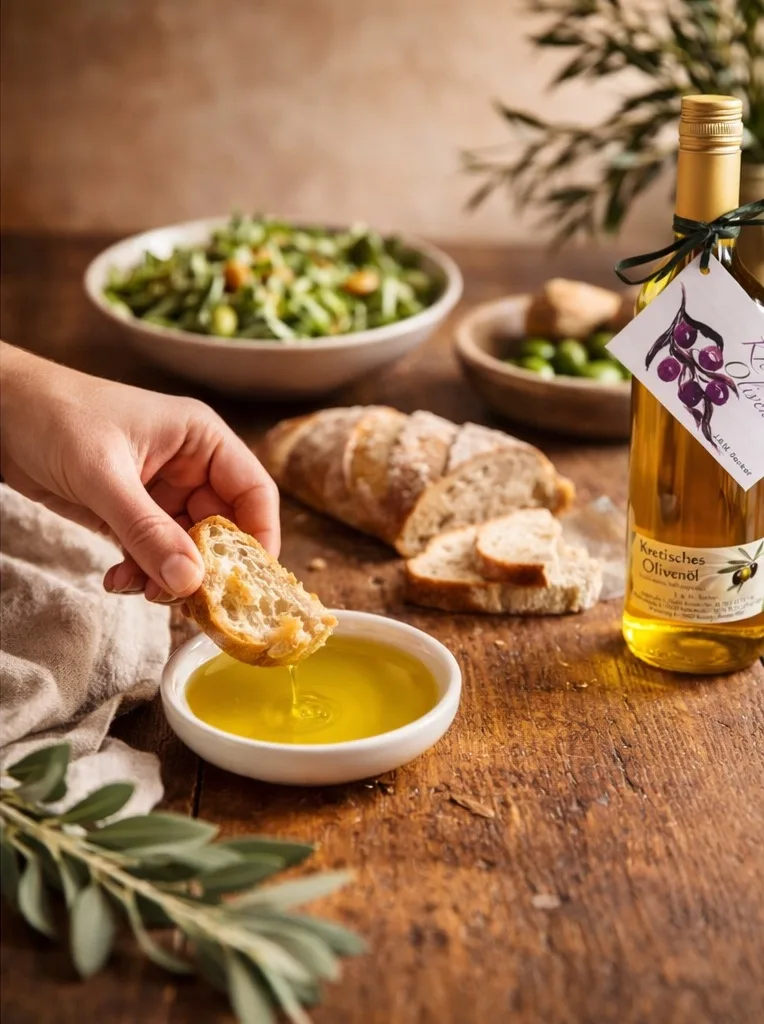 Olivenöl mit Brot und Salat als Moment aus dem Alltag