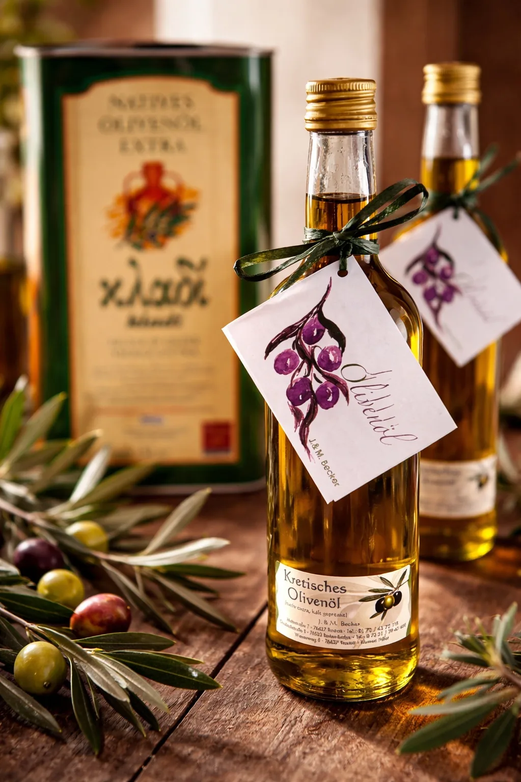 Das gesamte Sortiment mit Kanister und Flaschen auf Holztisch